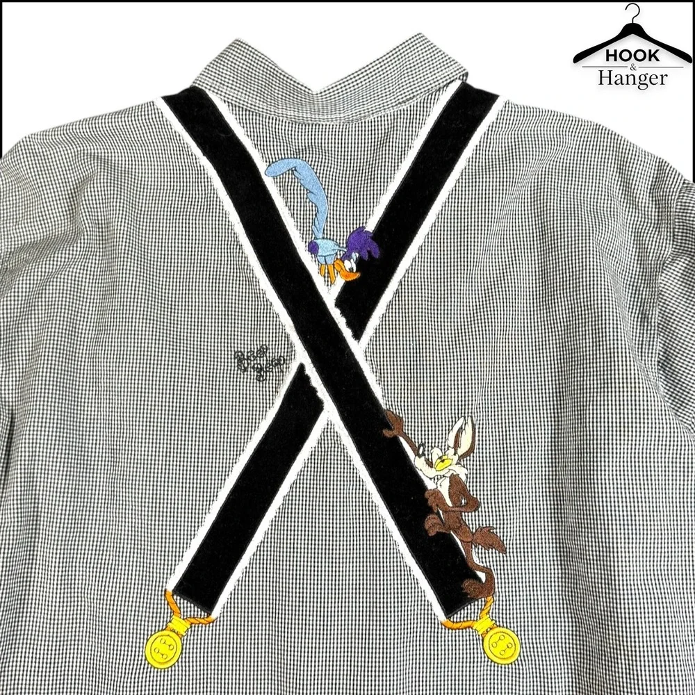 Vintage Warner Bros Looney Tunes Shirt XL Black White Gingham 90s Faux Suspender - Picture 5 of 13